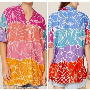 Farm Rio Tropical Graphic Uni Shirt Medium Colorblock Pineapple Palm Floral Bird